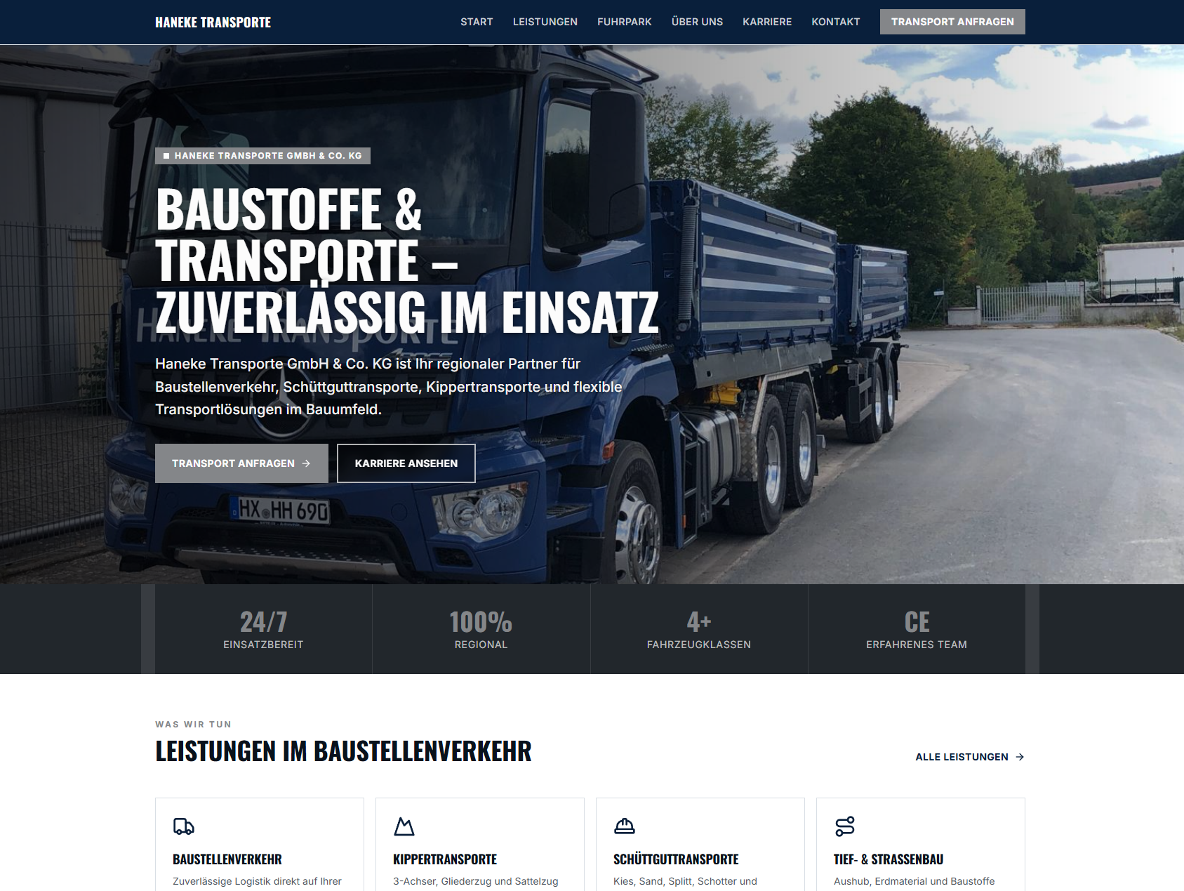 Startseite der von MH-Digitalservice umgesetzten Website von Haneke Transporte mit Hero-Bereich und Leistungsübersicht